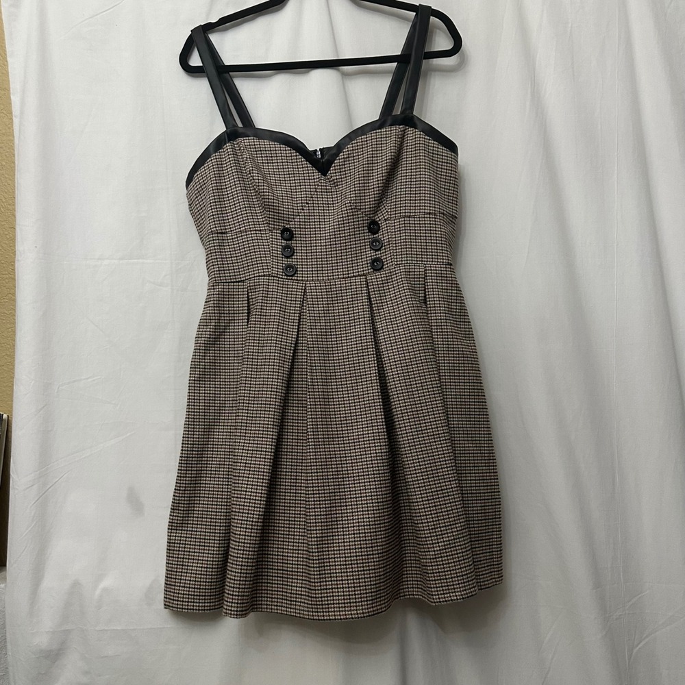 Venus Houndstooth Faux Leather Trim Mini Dress Brown Black Pleated Button L